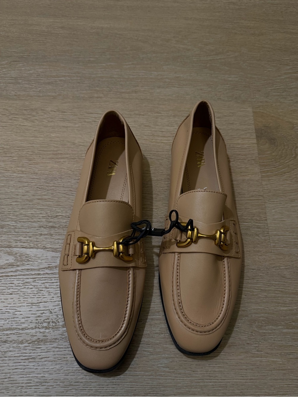 ZARA - NEVER USED Beige Leather Loafers with Gold Bit Hardware